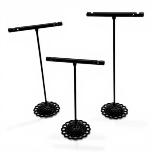 3 Piece Black T Bar Jewelry Display Stand Set for Necklaces Bracelets, close product view against a light background