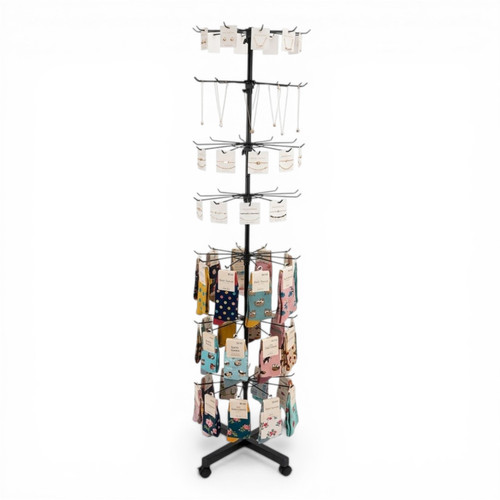 7 Tier Rotating Retail Display Rack with Wheels, Adjustable Black Stand