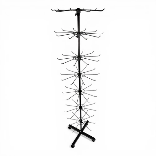 7 Tier Rotating Retail Display Rack with Wheels, Adjustable Black Stand, full-height product view on a white background, brightly lit product image