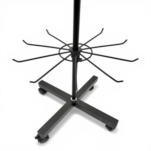 7 Tier Rotating Retail Display Rack with Wheels, Adjustable Black Stand, close product view on a white background, tight, centred square layout
