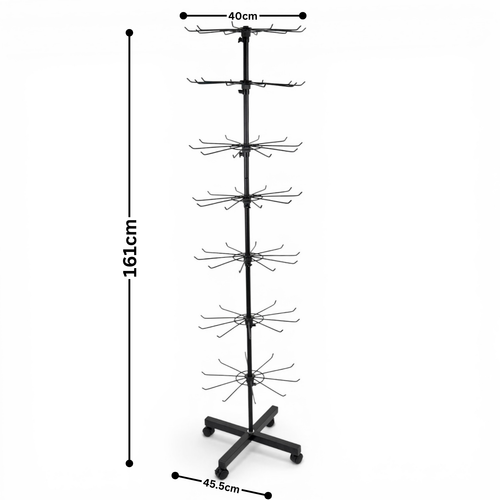 7 Tier Rotating Retail Display Rack with Wheels, Adjustable Black Stand, full-height product view on a white background, balanced, centred square layout