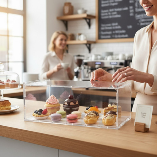 1 Tier Acrylic Bakery Display Case Stand for Cakes Cupcakes Donuts Clear, evenly lit product image