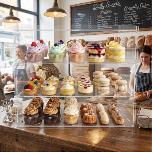 3 Tier Acrylic Bakery Display Case Stand for Cakes Cupcakes Vapes Clear, product shown against a dark background