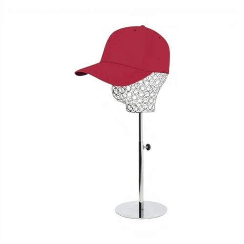 Adjustable Metal Mannequin Head Stand Hat Wig Display Rack Chrome, full-height product view on a white background, balanced, centred square layout