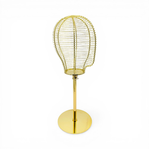 Adjustable Metal Wireframe Mannequin Head Stand Hat Wig Display Rack Gold, full-height product view on a white background, brightly lit product image