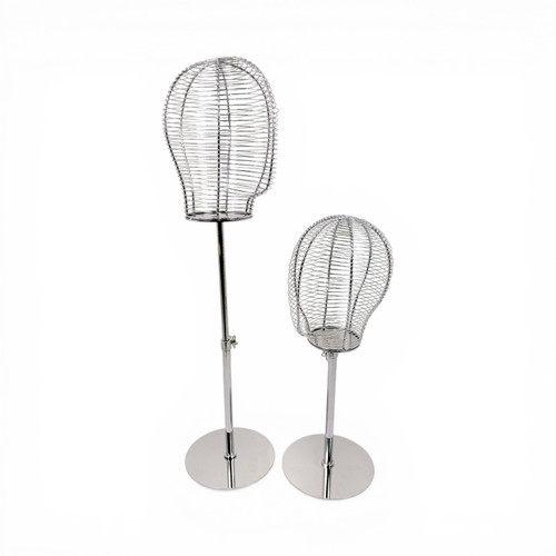 Adjustable Metal Wireframe Mannequin Head Stand Hat Wig Display Rack Chrome, full-height product view on a white background