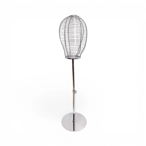 Adjustable Metal Wireframe Mannequin Head Stand Hat Wig Display Rack Chrome, full-height product view on a white background, open, centred square layout