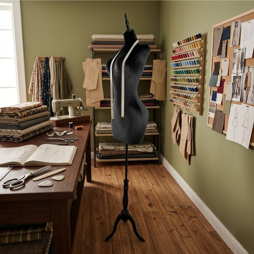 Luxury Black Velvet Female Curve Mannequin Torso with Adjustable Wooden Stand, product shown against a coloured background, balanced, centred square layout