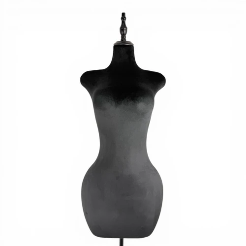 Luxury Black Velvet Female Curve Mannequin Torso with Adjustable Wooden Stand, full-height product view on a white background, balanced, centred square layout