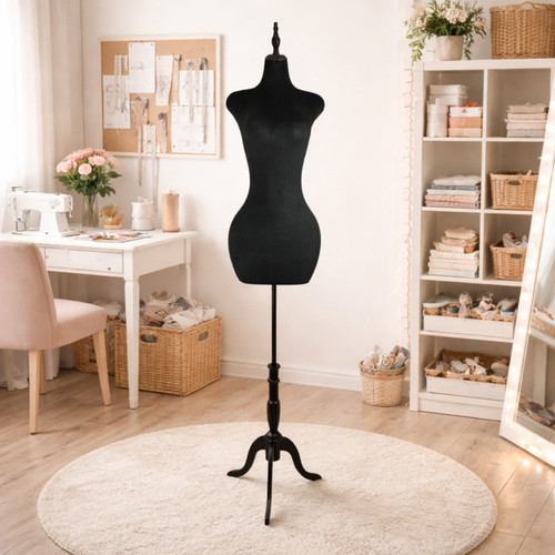 Luxury Black Velvet Female Curve Mannequin Torso with Adjustable Wooden Stand