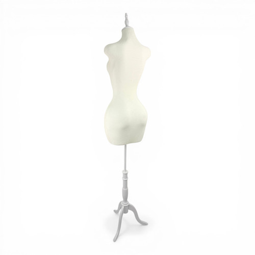 Luxury Beige Velvet Female Curve Mannequin Torso with Adjustable Wooden Stand, full-height product view on a white background, gallery image 13 of 20