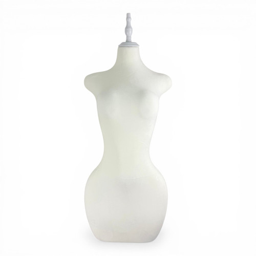 Luxury Beige Velvet Female Curve Mannequin Torso with Adjustable Wooden Stand, full-height product view on a white background, gallery image 10 of 20