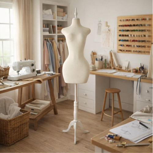 Luxury Beige Velvet Female Curve Mannequin Torso with Adjustable Wooden Stand