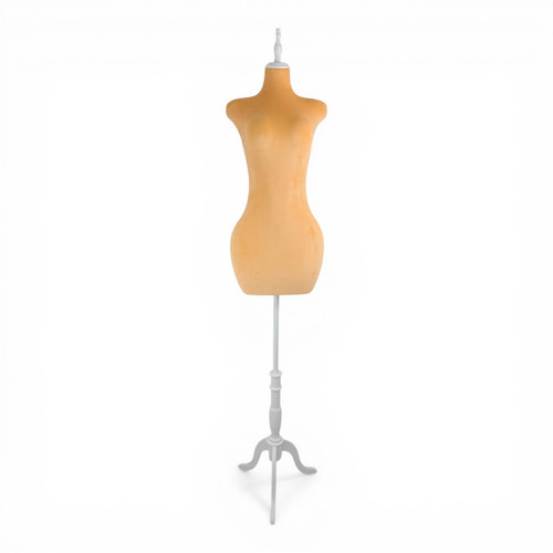 Luxury Orange Velvet Female Curve Mannequin Torso with Adjustable Wooden Stand, full-height product view on a white background