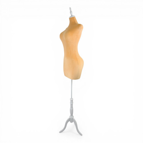 Luxury Orange Velvet Female Curve Mannequin Torso with Adjustable Wooden Stand, full-height product view on a white background, open, centred square layout