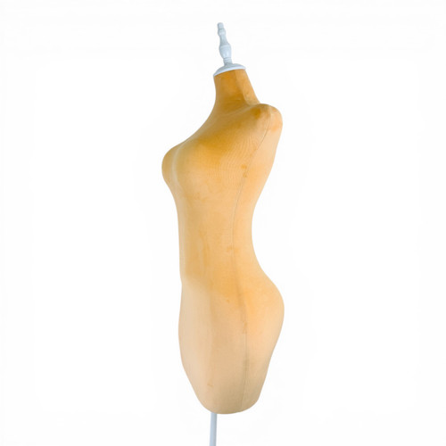 Luxury Orange Velvet Female Curve Mannequin Torso with Adjustable Wooden Stand, full-height product view on a white background, brightly lit product image
