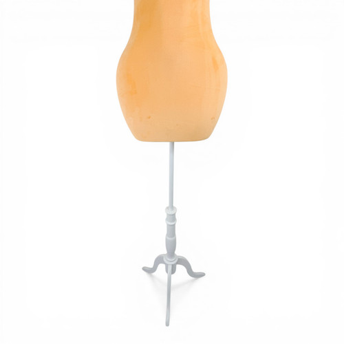 Luxury Orange Velvet Female Curve Mannequin Torso with Adjustable Wooden Stand, full-height product view on a white background, balanced, centred square layout