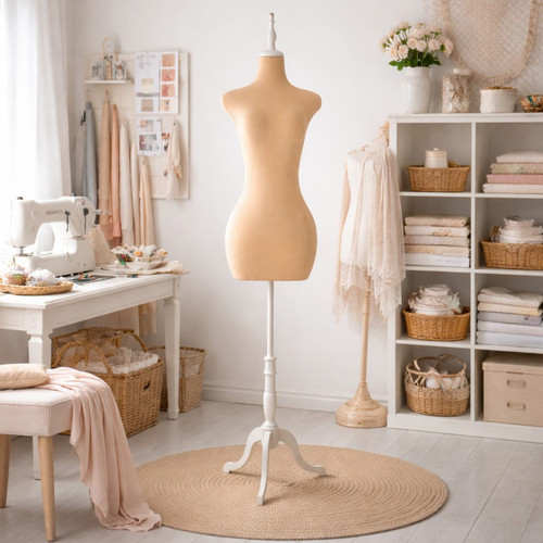 Luxury Orange Velvet Female Curve Mannequin Torso with Adjustable Wooden Stand, product shown against a coloured background