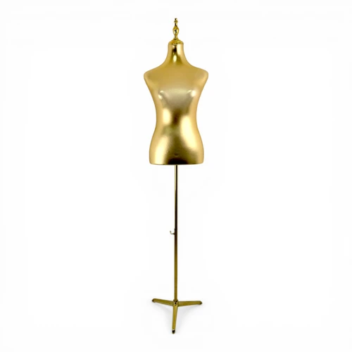 Luxury Gold Female Mannequin Torso with Adjustable Height Metal Stand, full-height product view on a white background