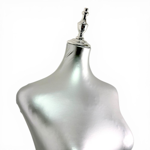 Luxury Silver Female Mannequin Torso with Adjustable Height Metal Stand, close product view on a white background