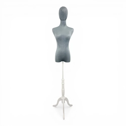 Premium Grey Velvet Female Plastic Torso with Adjustable Height Wooden Stand, full-height product view on a white background