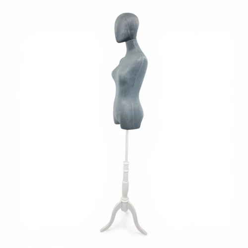 Premium Grey Velvet Female Plastic Torso with Adjustable Height Wooden Stand, full-height product view on a white background, gallery image 9 of 16