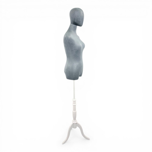 Premium Grey Velvet Female Plastic Torso with Adjustable Height Wooden Stand