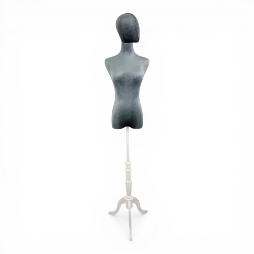 Premium Grey Velvet Female Plastic Torso with Adjustable Height Wooden Stand