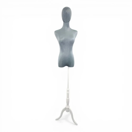Premium Grey Velvet Female Plastic Torso with Adjustable Height Wooden Stand, full-height product view on a white background, gallery image 14 of 16