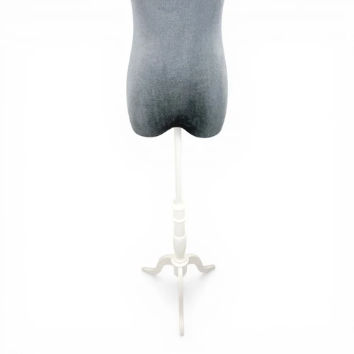 Premium Grey Velvet Female Plastic Torso with Adjustable Height Wooden Stand, full-height product view on a white background, balanced, centred square layout