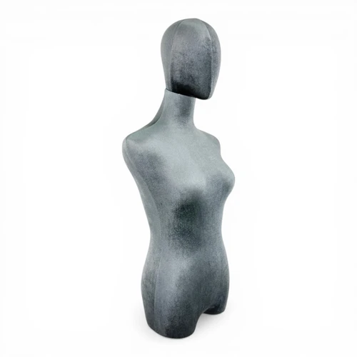 Premium Grey Velvet Female Plastic Torso with Adjustable Height Wooden Stand, full-height product view on a white background, gallery image 13 of 16