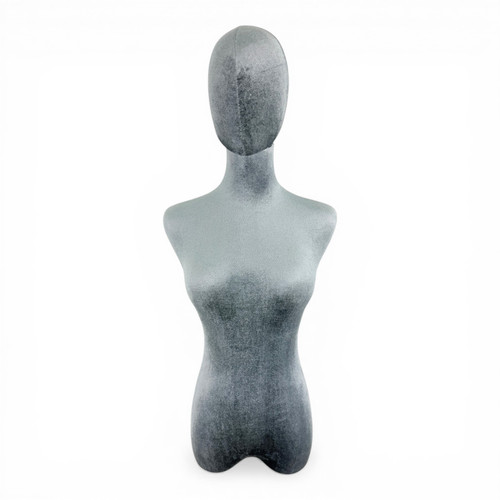 Premium Grey Velvet Female Plastic Torso with Adjustable Height Wooden Stand
