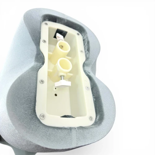 Premium Grey Velvet Female Plastic Torso with Adjustable Height Wooden Stand, product shown against a coloured background, standard product photograph