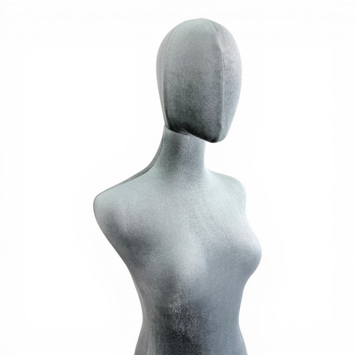 Premium Grey Velvet Female Plastic Torso with Adjustable Height Wooden Stand