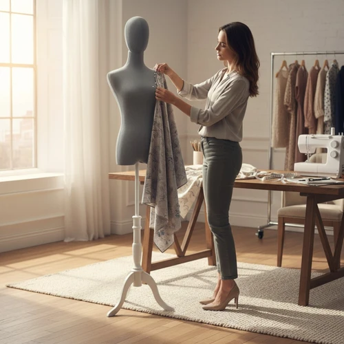 Premium Grey Velvet Female Plastic Torso with Adjustable Height Wooden Stand, product shown against a coloured background