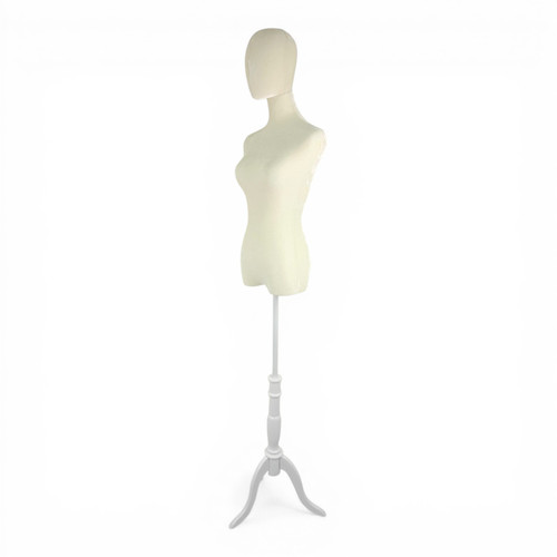 Premium Beige Velvet Female Plastic Torso with Adjustable Height Wooden Stand