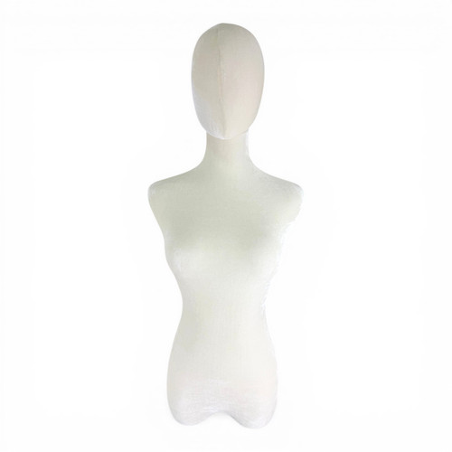 Premium Beige Velvet Female Plastic Torso with Adjustable Height Wooden Stand