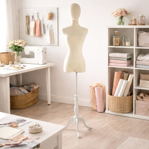Premium Beige Velvet Female Plastic Torso with Adjustable Height Wooden Stand, close product view against a light background