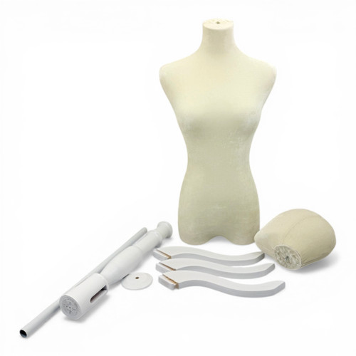 Premium Beige Velvet Female Plastic Torso with Adjustable Height Wooden Stand, close product view against a light background, tight, centred square layout