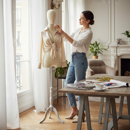 Premium Beige Velvet Female Plastic Torso with Adjustable Height Wooden Stand