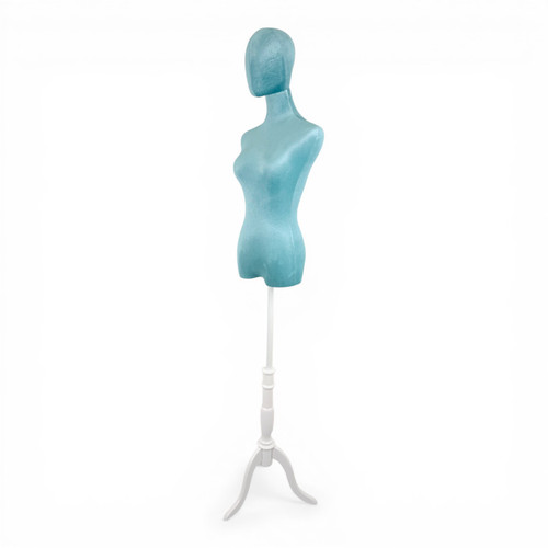Premium Green Velvet Female Plastic Torso with Adjustable Height Wooden Stand, full-height product view on a white background, open, centred square layout