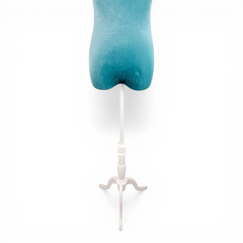 Premium Green Velvet Female Plastic Torso with Adjustable Height Wooden Stand, full-height product view on a white background, balanced, centred square layout