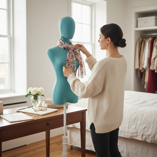 Premium Green Velvet Female Plastic Torso with Adjustable Height Wooden Stand, product shown against a coloured background