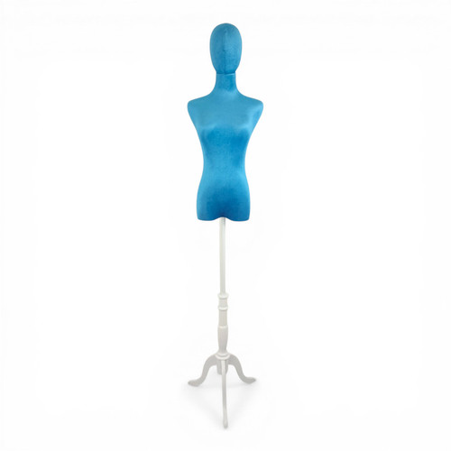 Premium Blue Velvet Female Plastic Torso with Adjustable Height Wooden Stand