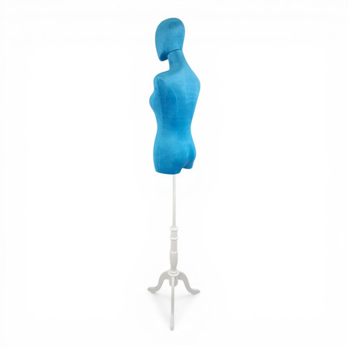 Premium Blue Velvet Female Plastic Torso with Adjustable Height Wooden Stand, full-height product view on a white background, gallery image 12 of 15