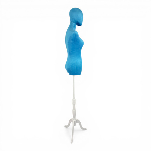 Premium Blue Velvet Female Plastic Torso with Adjustable Height Wooden Stand