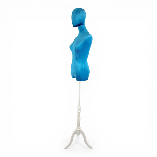 Premium Blue Velvet Female Plastic Torso with Adjustable Height Wooden Stand