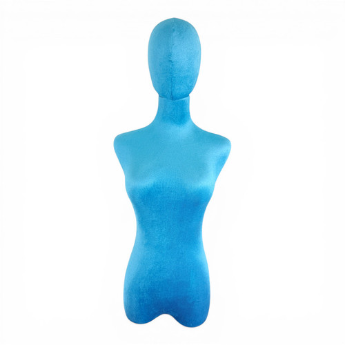 Premium Blue Velvet Female Plastic Torso with Adjustable Height Wooden Stand