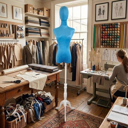 Premium Blue Velvet Female Plastic Torso with Adjustable Height Wooden Stand