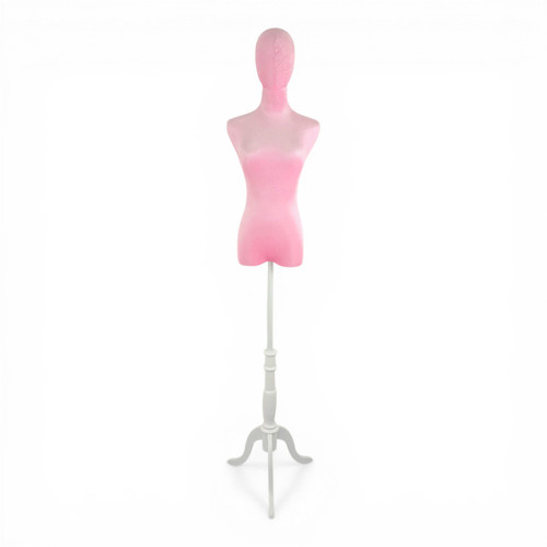 Premium Pink Velvet Female Plastic Torso with Adjustable Height Wooden Stand
